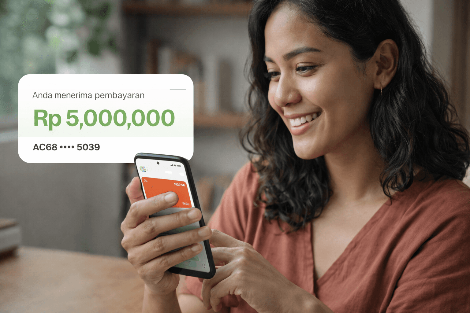 A woman receiving a payment on her phone.