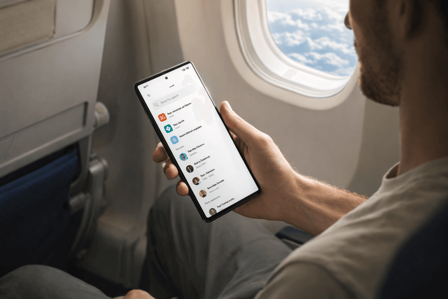 A man opening the transfer app on a plane.