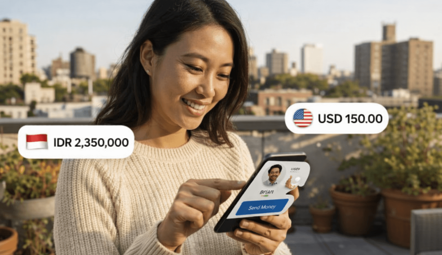 A woman sending money at the real exchange rate from a city rooftop.