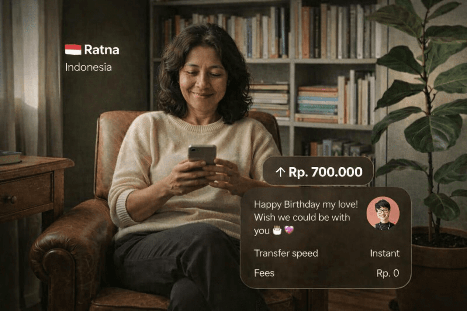 Ratna in Indonesia receiving an instant transfer via link.