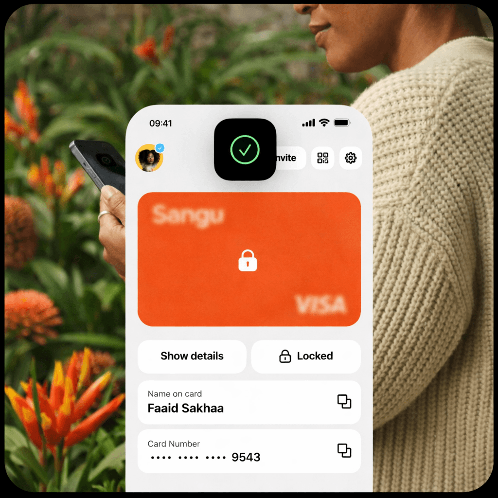 A locked Sangu card in the app, unlocked with a fingerprint.